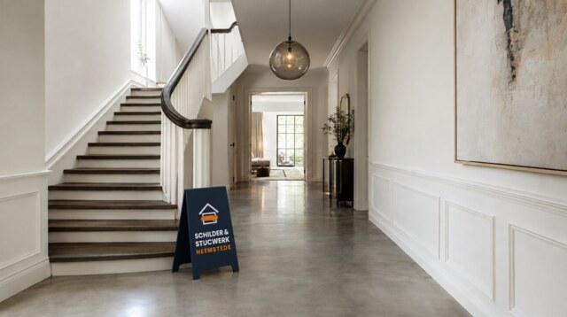 Luxe hal met gietvloer en trap - Schilder & Stucwerk Heemstede